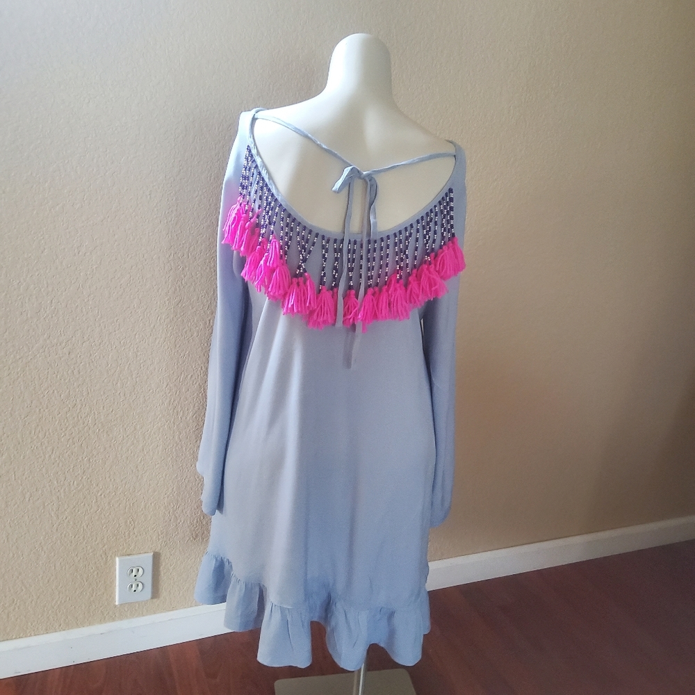 Philosophy Ruffle Beaded Fringe Long Sleeve Casual Dress Blue New